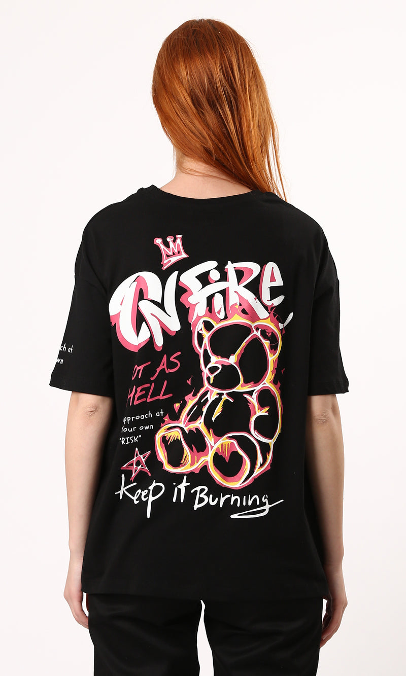O183066 Printed "Keep It Burning" Elbow-Sleeves Tee - Black