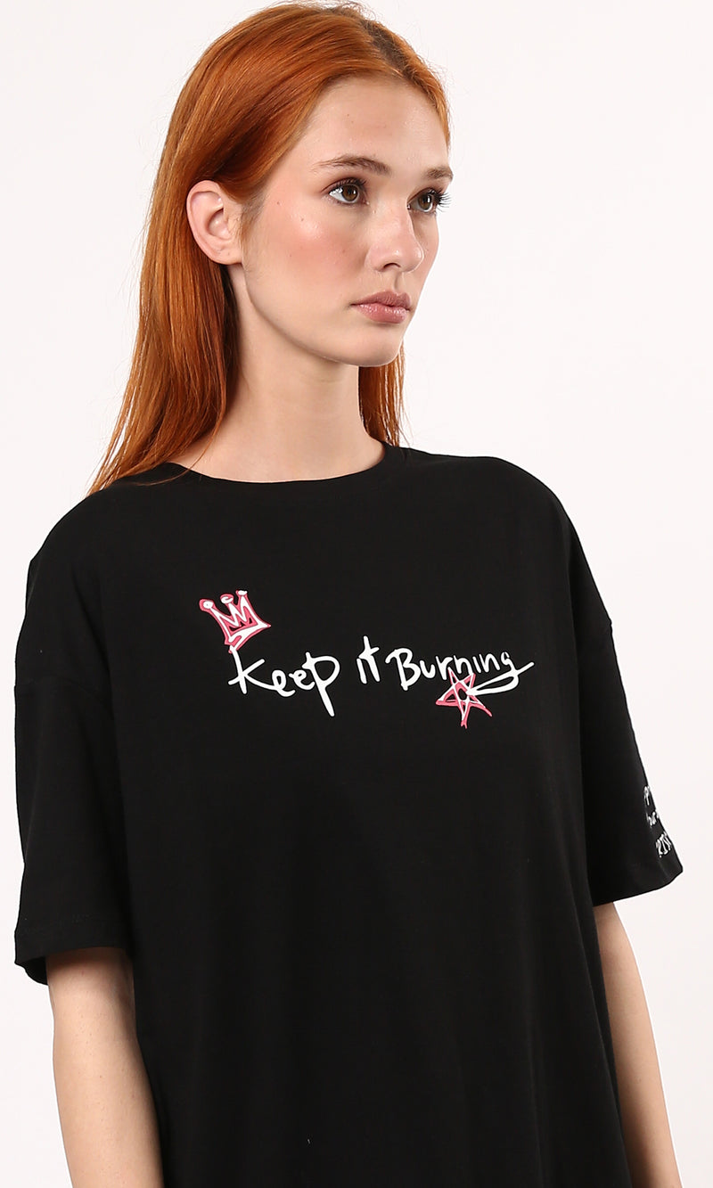 O183066 Printed "Keep It Burning" Elbow-Sleeves Tee - Black