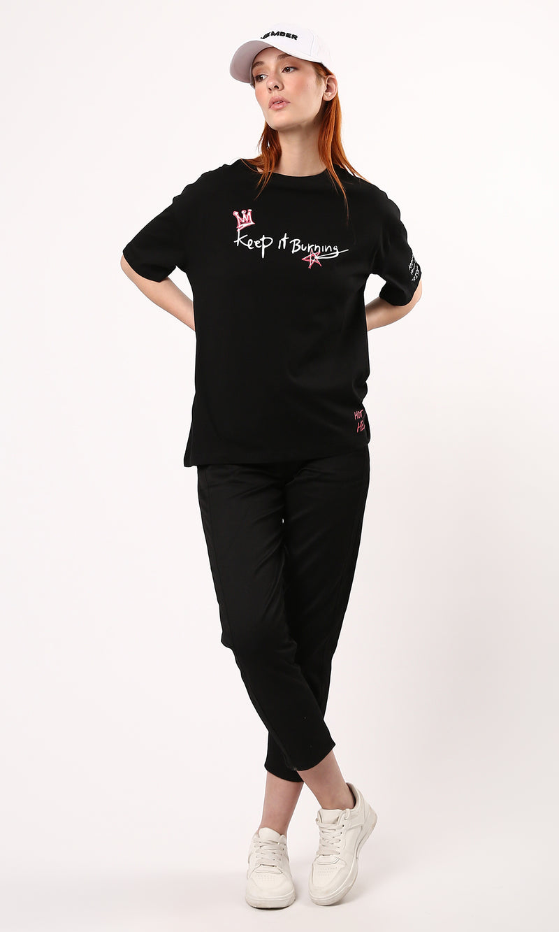 O183066 Printed "Keep It Burning" Elbow-Sleeves Tee - Black