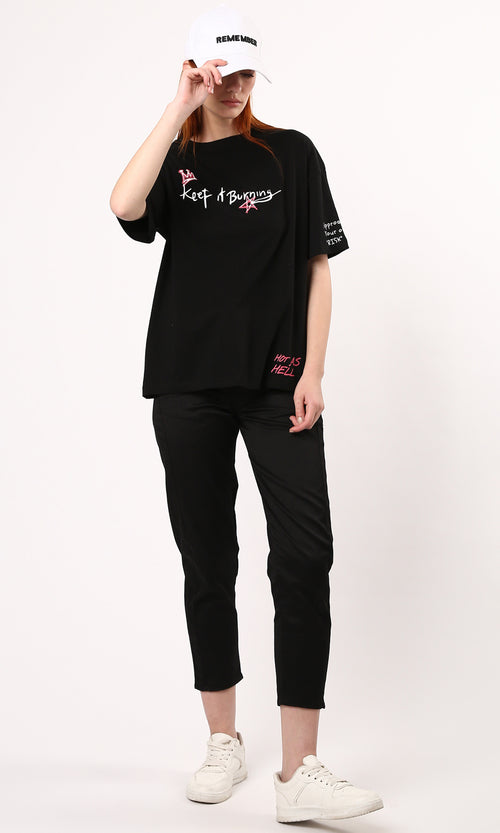 O183066 Printed "Keep It Burning" Elbow-Sleeves Tee - Black