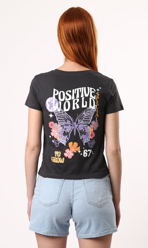 O183068 Dark Grey Printed "Positive World" Summer Tee