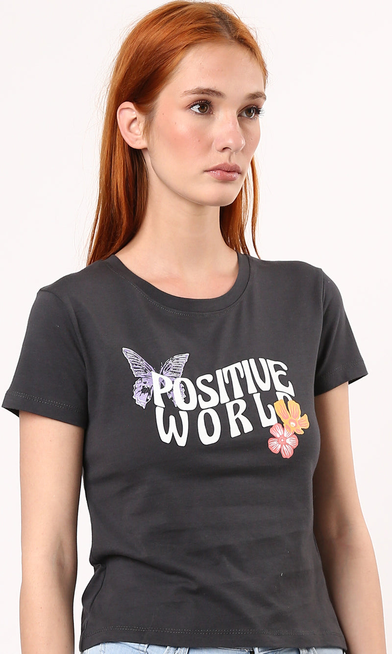 O183068 Dark Grey Printed "Positive World" Summer Tee