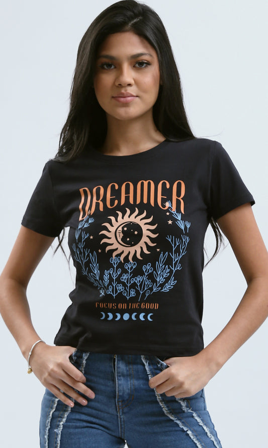 O183069 Printed "Dreamer" Short Sleeves Black Cotton Tee