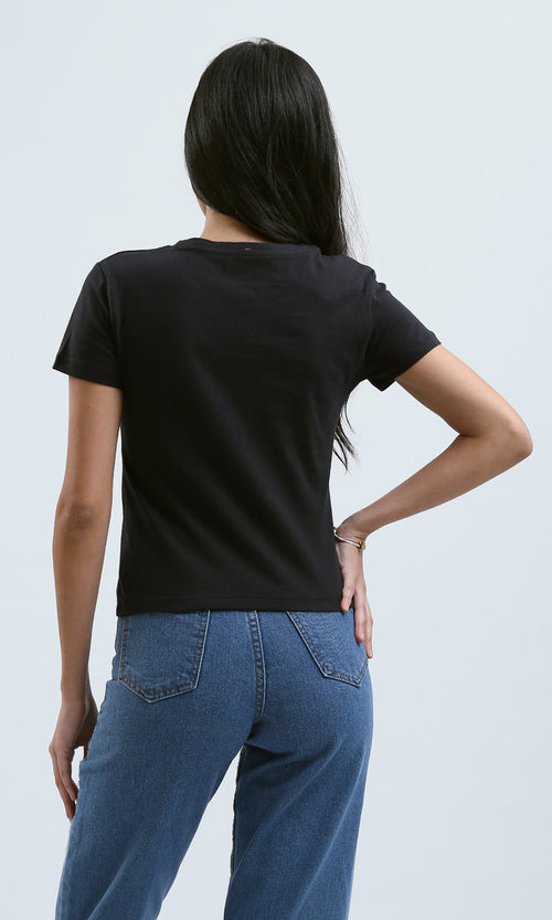 O183069 Printed "Dreamer" Short Sleeves Black Cotton Tee