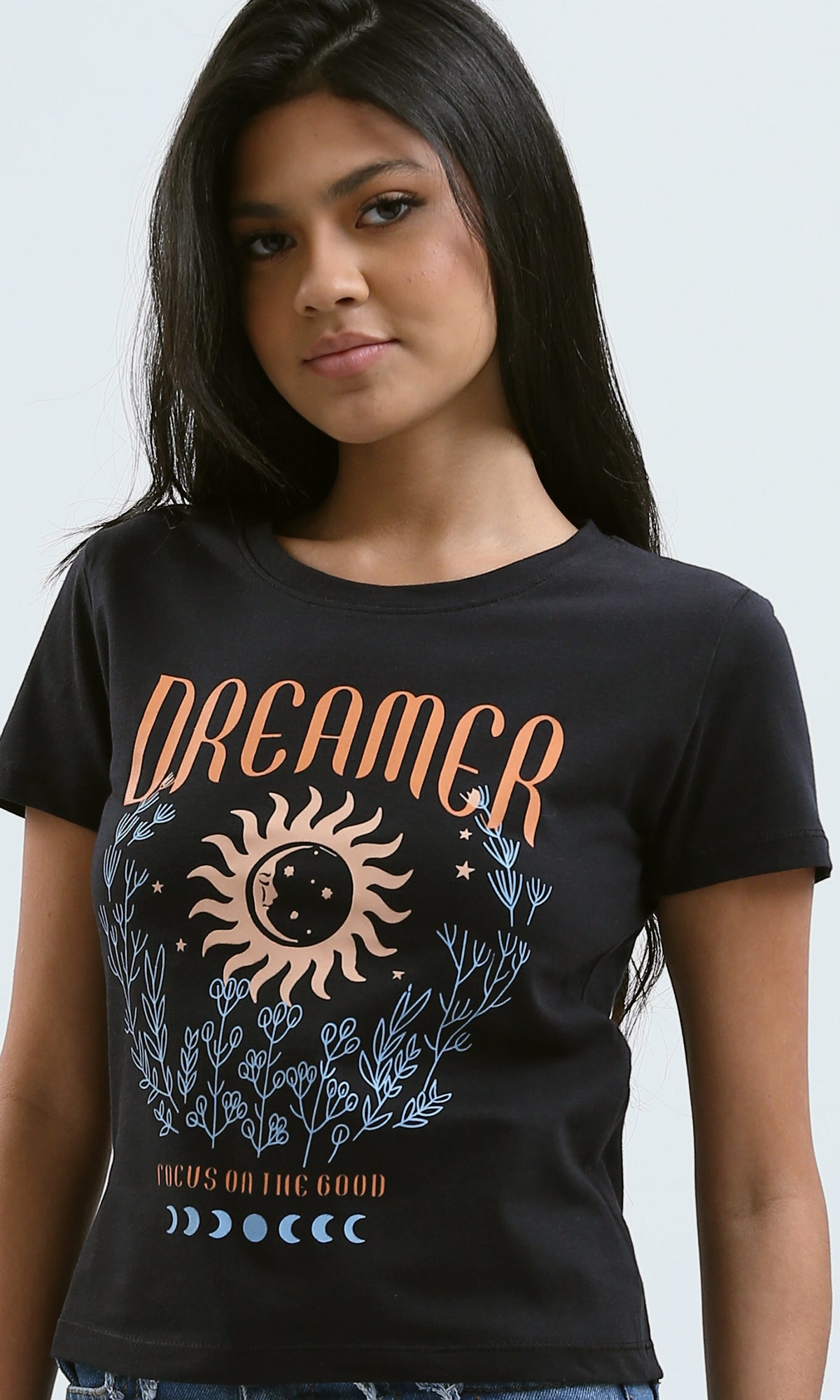 O183069 Printed "Dreamer" Short Sleeves Black Cotton Tee