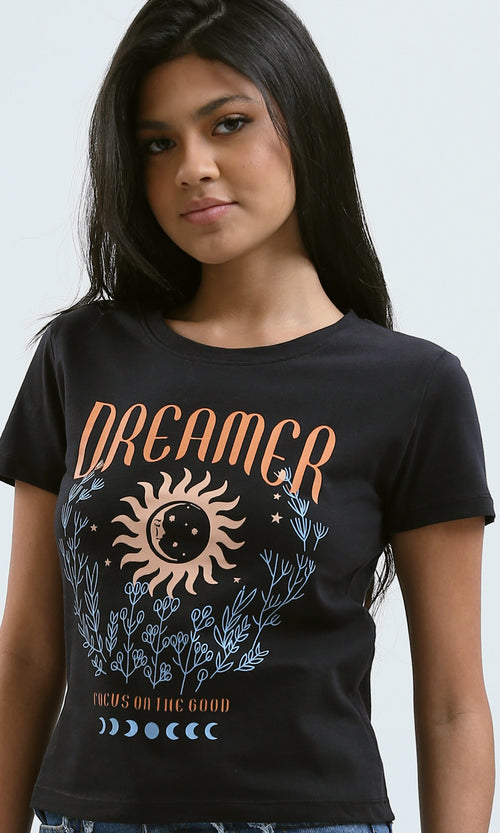 O183069 Printed "Dreamer" Short Sleeves Black Cotton Tee