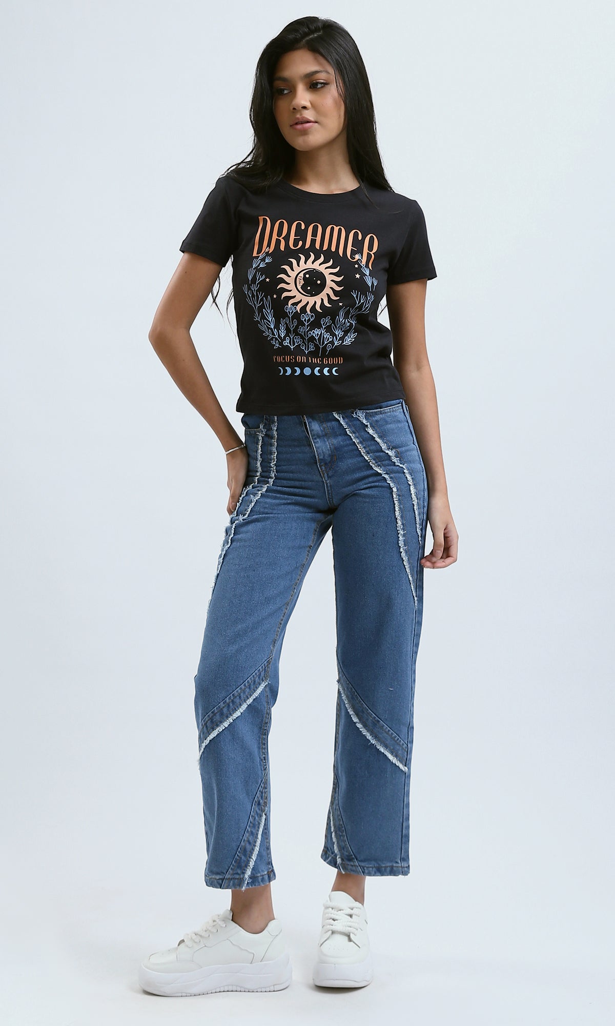 O183069 Printed "Dreamer" Short Sleeves Black Cotton Tee