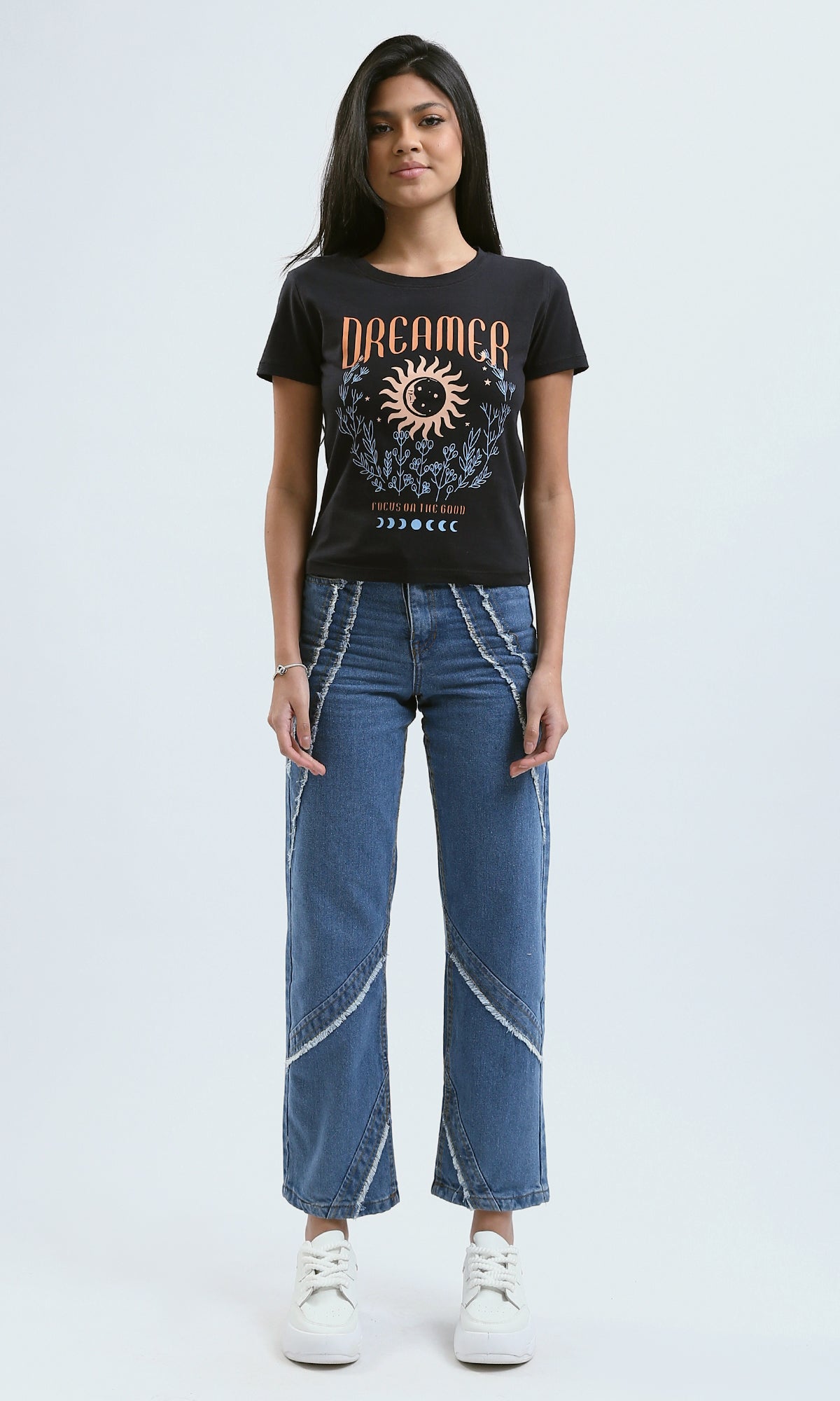 O183069 Printed "Dreamer" Short Sleeves Black Cotton Tee