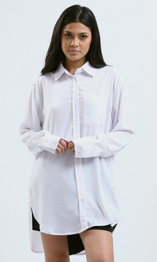 O183080 Loose Fit Solid White Shirt With Pocket