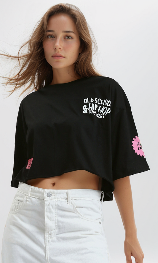 O183082 Elbow-Sleeves Printed Black Short Tee