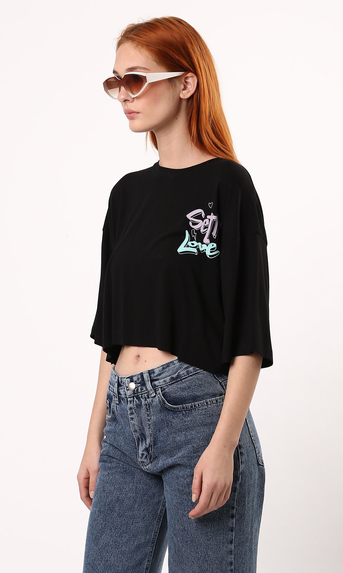 O183083 Fluffy Black Cotton Tee With "Self Love" Print