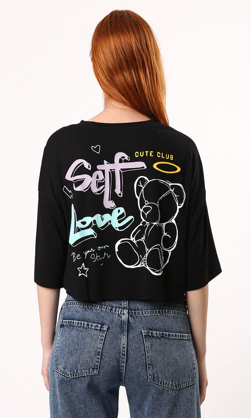 O183083 Fluffy Black Cotton Tee With "Self Love" Print