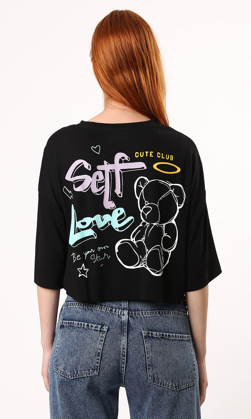 O183083 Fluffy Black Cotton Tee With "Self Love" Print