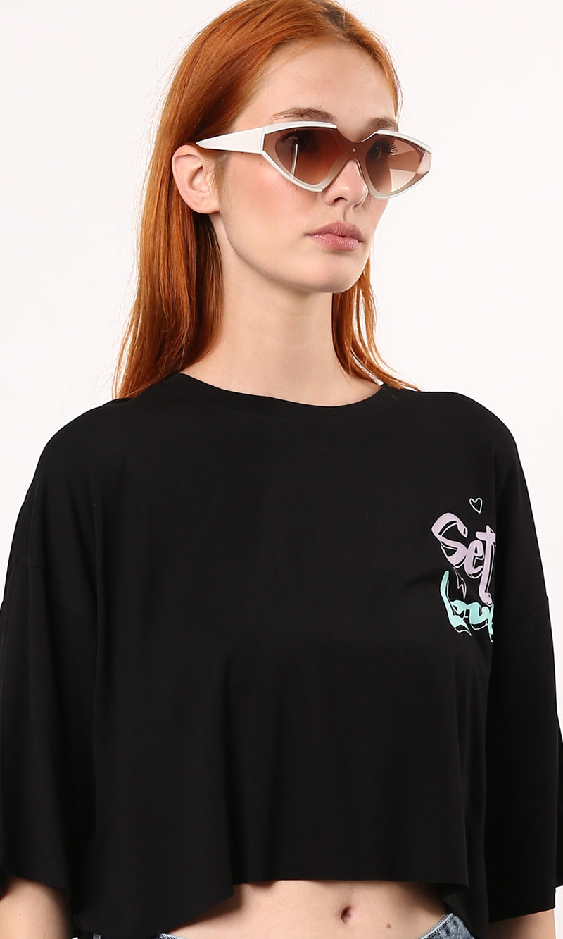 O183083 Fluffy Black Cotton Tee With "Self Love" Print