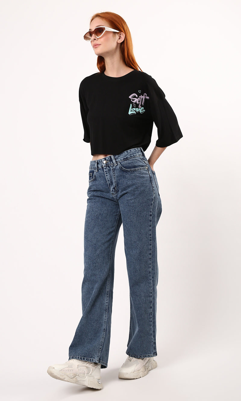 O183083 Fluffy Black Cotton Tee With "Self Love" Print