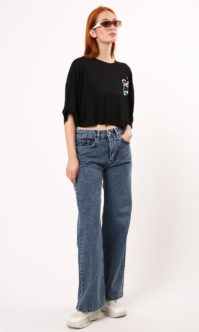 O183083 Fluffy Black Cotton Tee With "Self Love" Print