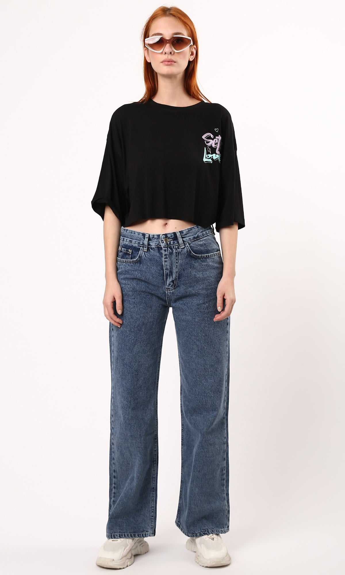 O183083 Fluffy Black Cotton Tee With "Self Love" Print