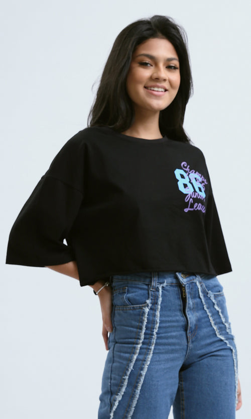 O183084 Elbow-Sleeves Printed Black Short Tee