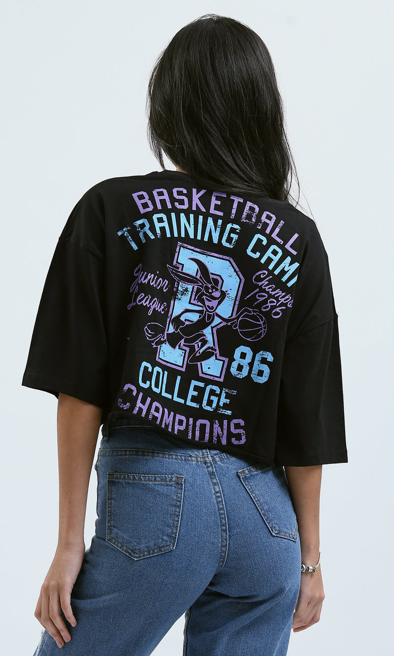 O183084 Elbow-Sleeves Printed Black Short Tee