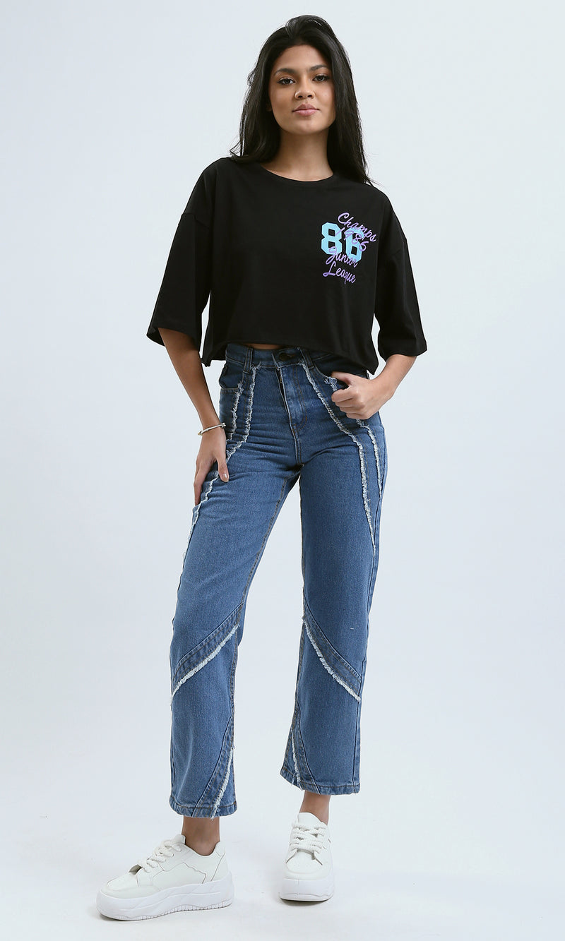 O183084 Elbow-Sleeves Printed Black Short Tee