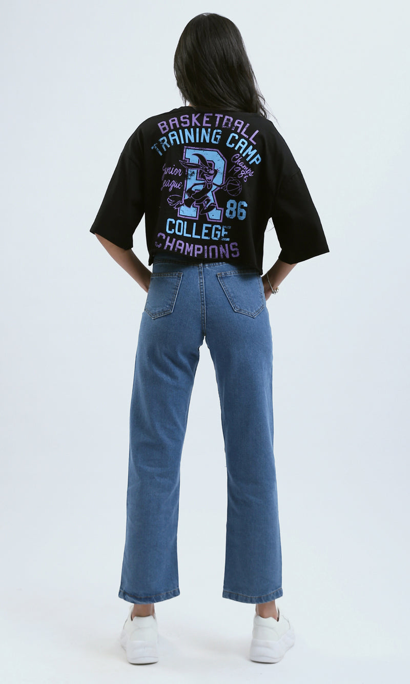 O183084 Elbow-Sleeves Printed Black Short Tee