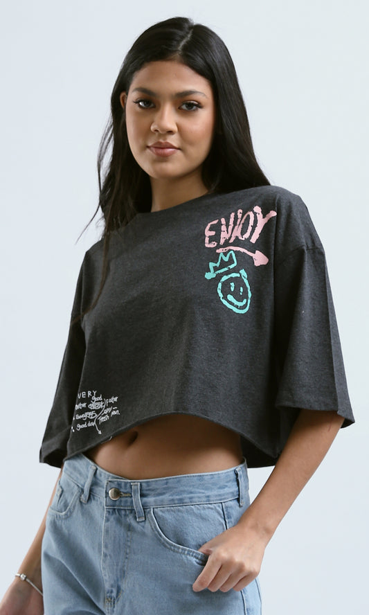 O183087 Heather Dark Grey Printed "Enjoy" Loose Tee