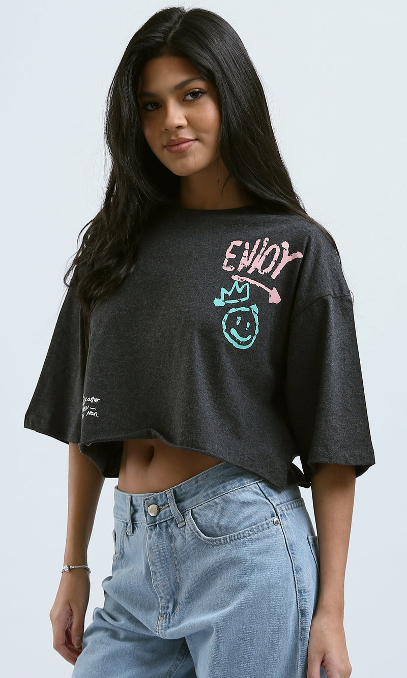 O183087 Heather Dark Grey Printed "Enjoy" Loose Tee