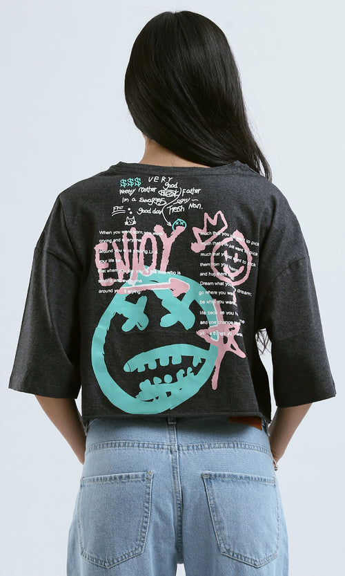 O183087 Heather Dark Grey Printed "Enjoy" Loose Tee