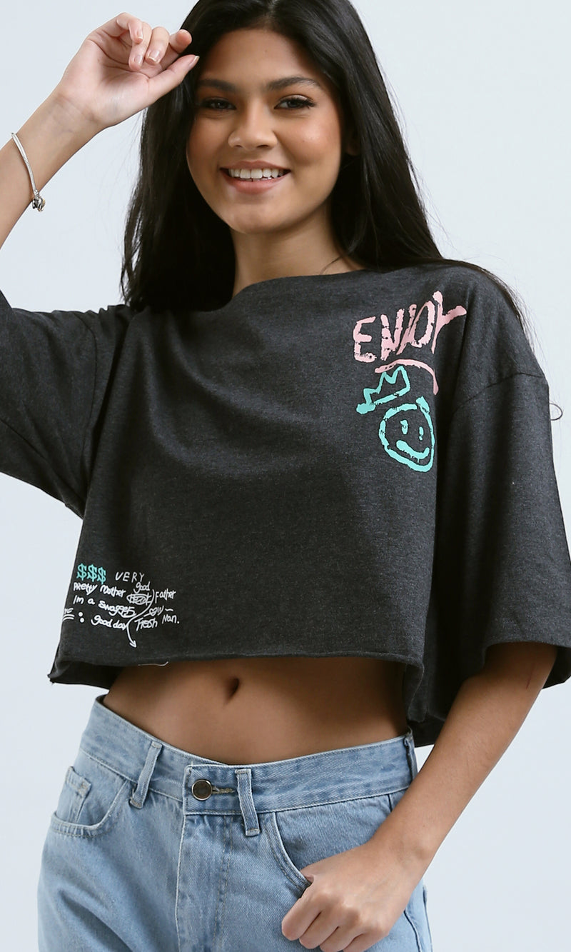 O183087 Heather Dark Grey Printed "Enjoy" Loose Tee