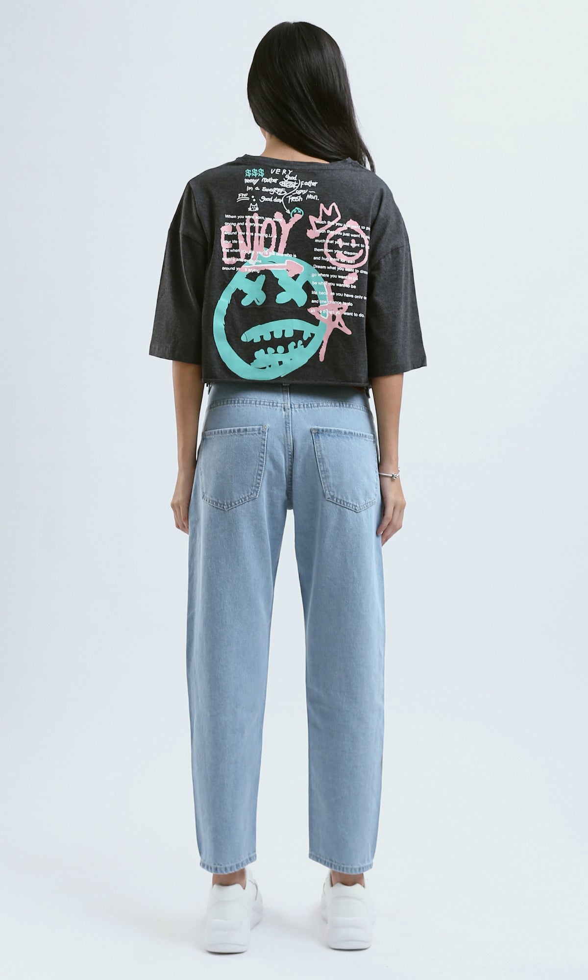 O183087 Heather Dark Grey Printed "Enjoy" Loose Tee