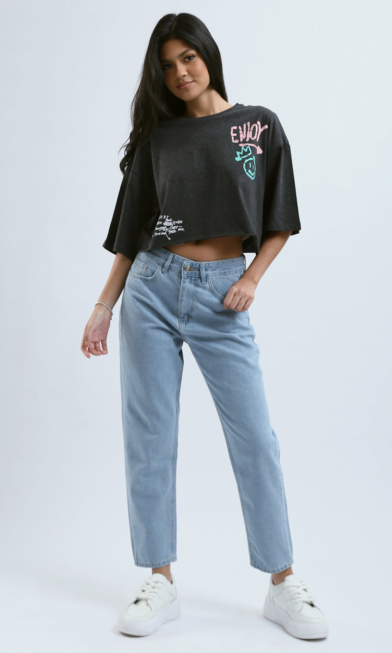 O183087 Heather Dark Grey Printed "Enjoy" Loose Tee