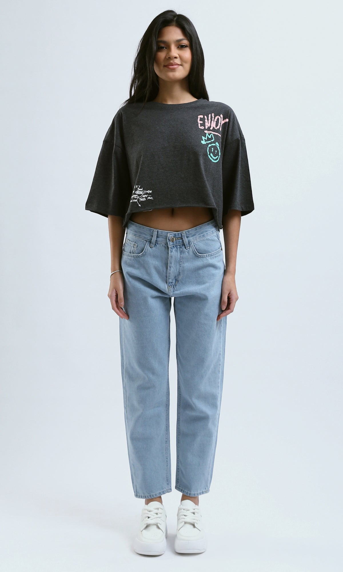 O183087 Heather Dark Grey Printed "Enjoy" Loose Tee