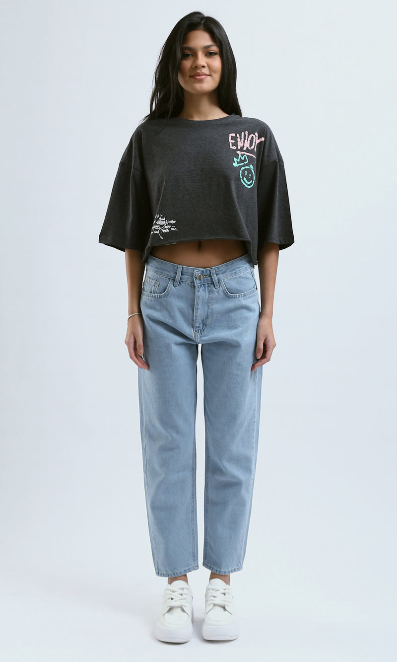 O183087 Heather Dark Grey Printed "Enjoy" Loose Tee