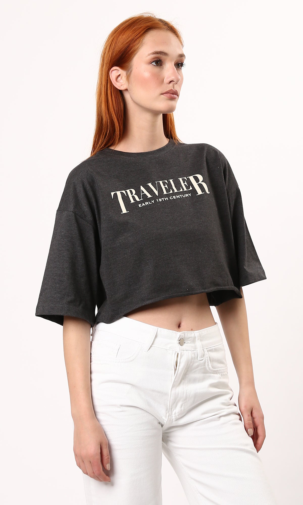 O183089 Elbow-Sleeves Dark Grey Tee With Front & Back Print