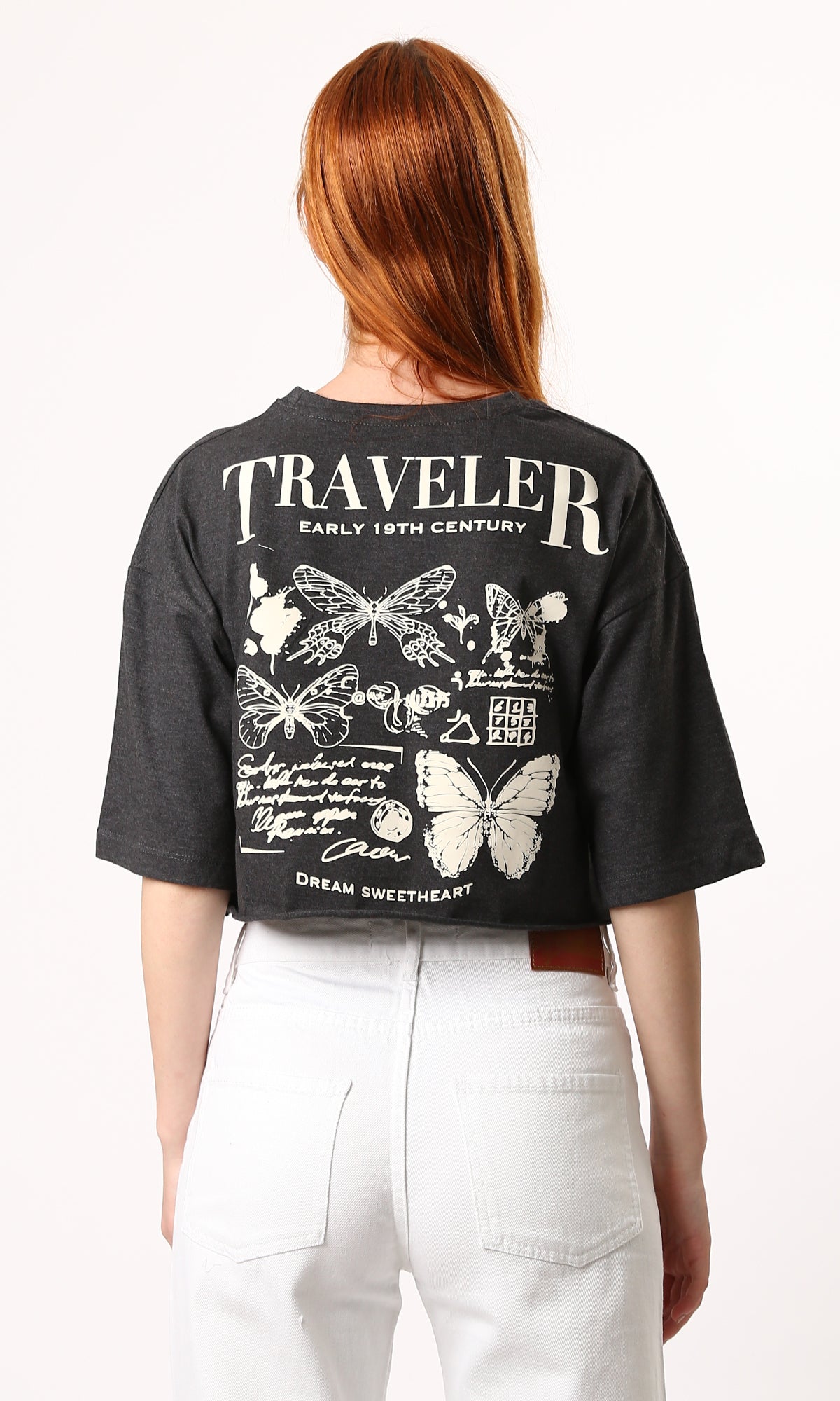 O183089 Elbow-Sleeves Dark Grey Tee With Front & Back Print