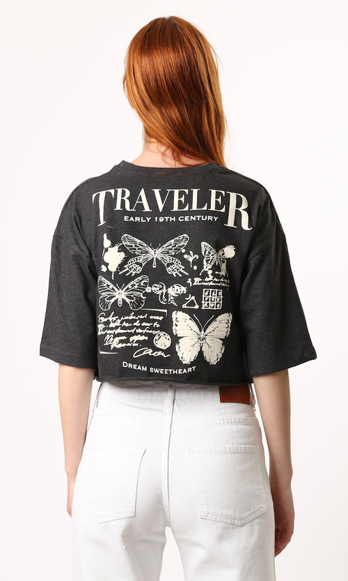 O183089 Elbow-Sleeves Dark Grey Tee With Front & Back Print