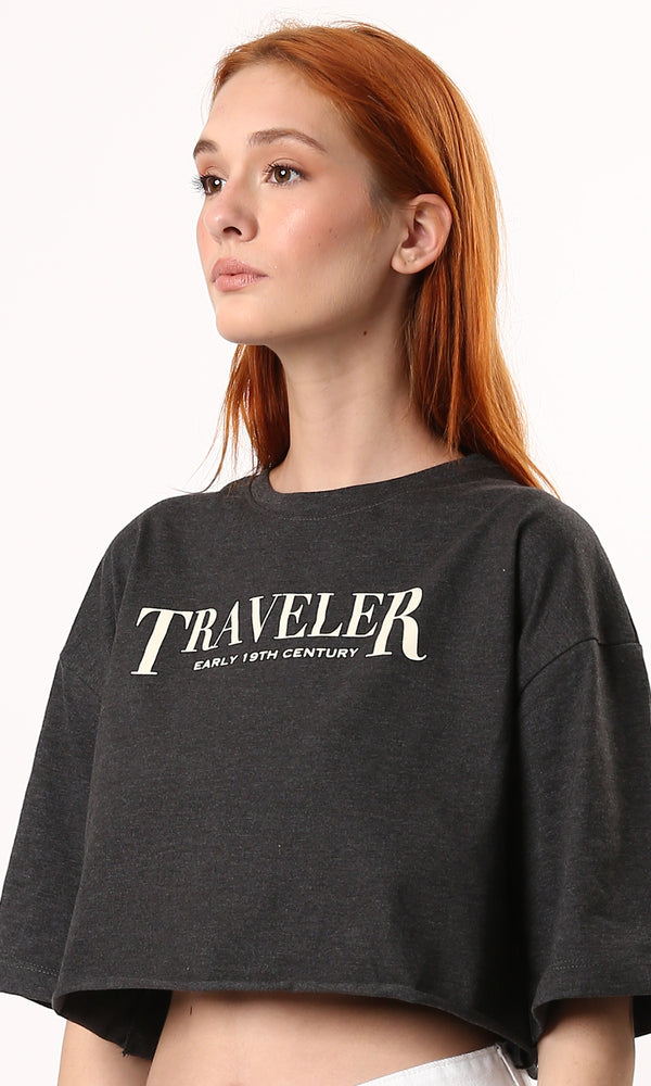 O183089 Elbow-Sleeves Dark Grey Tee With Front & Back Print