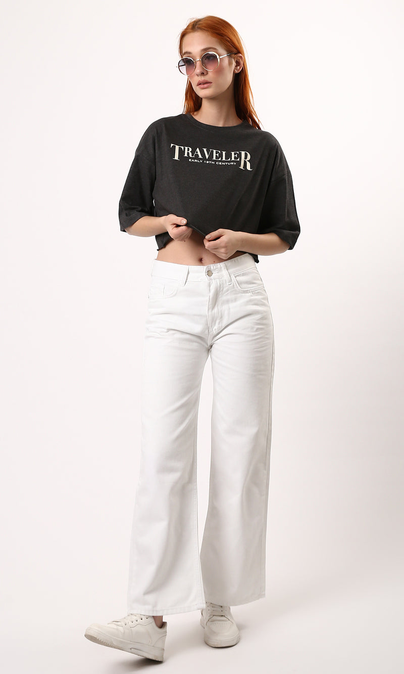 O183089 Elbow-Sleeves Dark Grey Tee With Front & Back Print