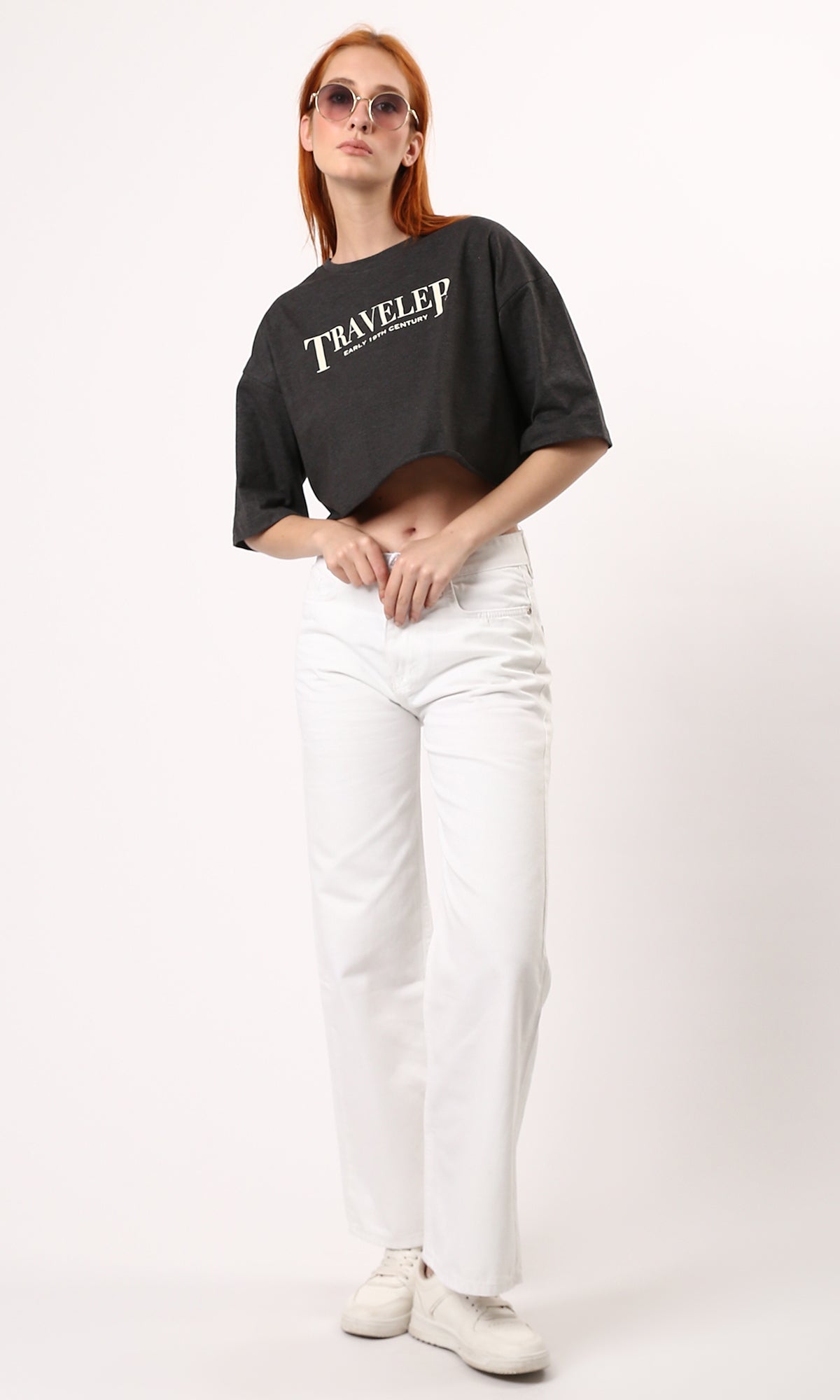 O183089 Elbow-Sleeves Dark Grey Tee With Front & Back Print