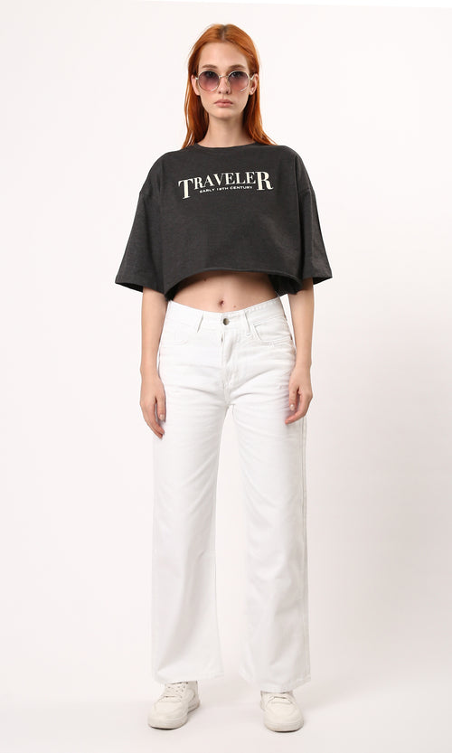 O183089 Elbow-Sleeves Dark Grey Tee With Front & Back Print