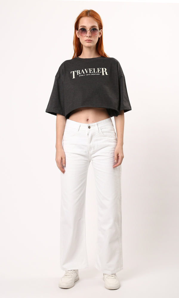 O183089 Elbow-Sleeves Dark Grey Tee With Front & Back Print