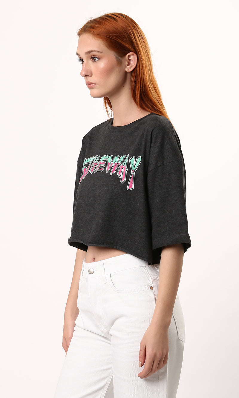 O183090 Cropped Heather Dark Grey Printed Summer Tee