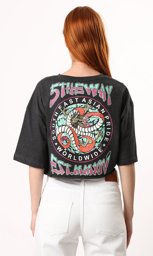 O183090 Cropped Heather Dark Grey Printed Summer Tee