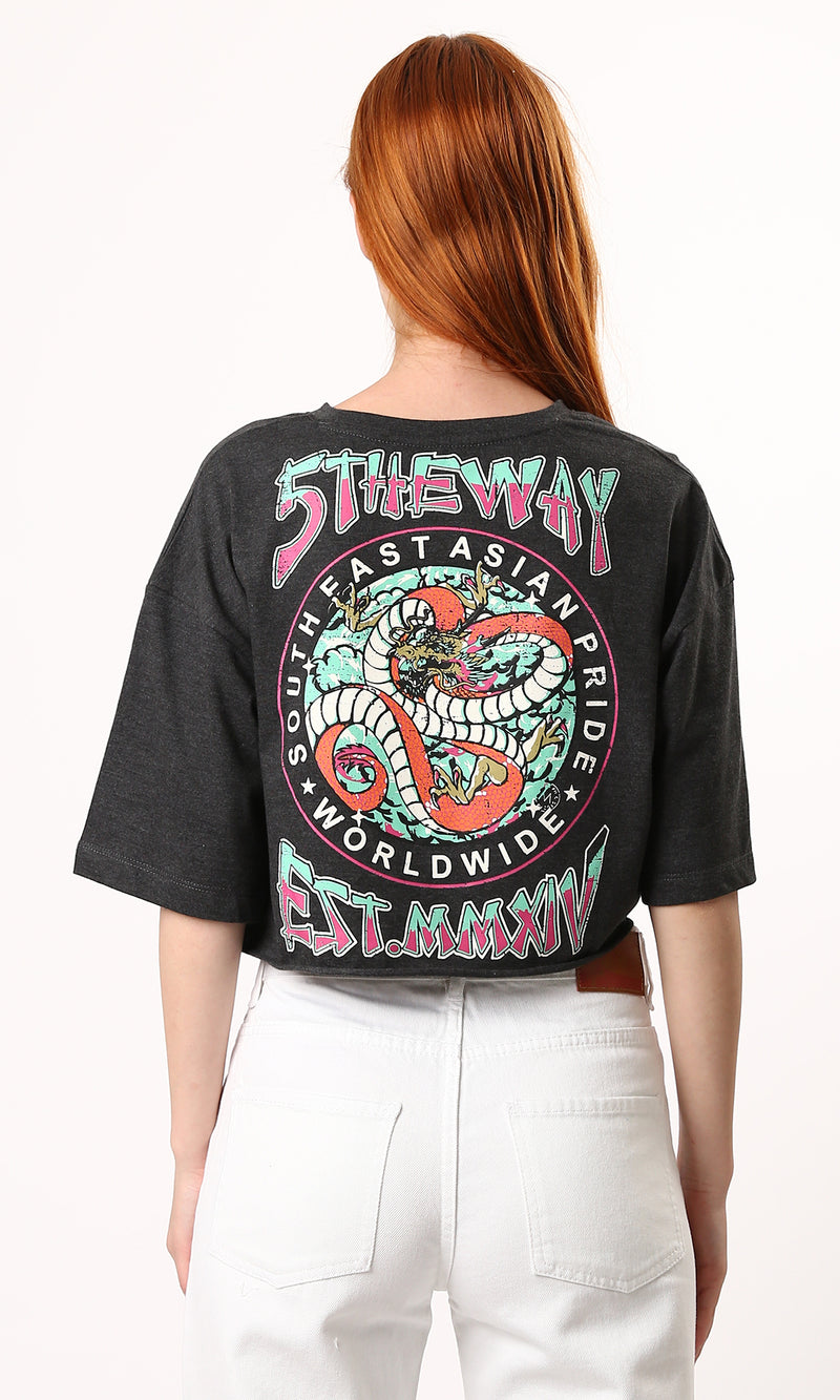 O183090 Cropped Heather Dark Grey Printed Summer Tee