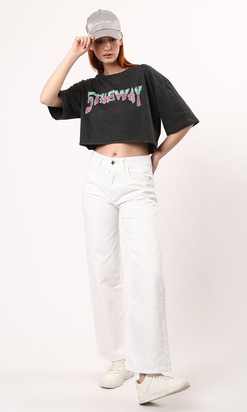 O183090 Cropped Heather Dark Grey Printed Summer Tee