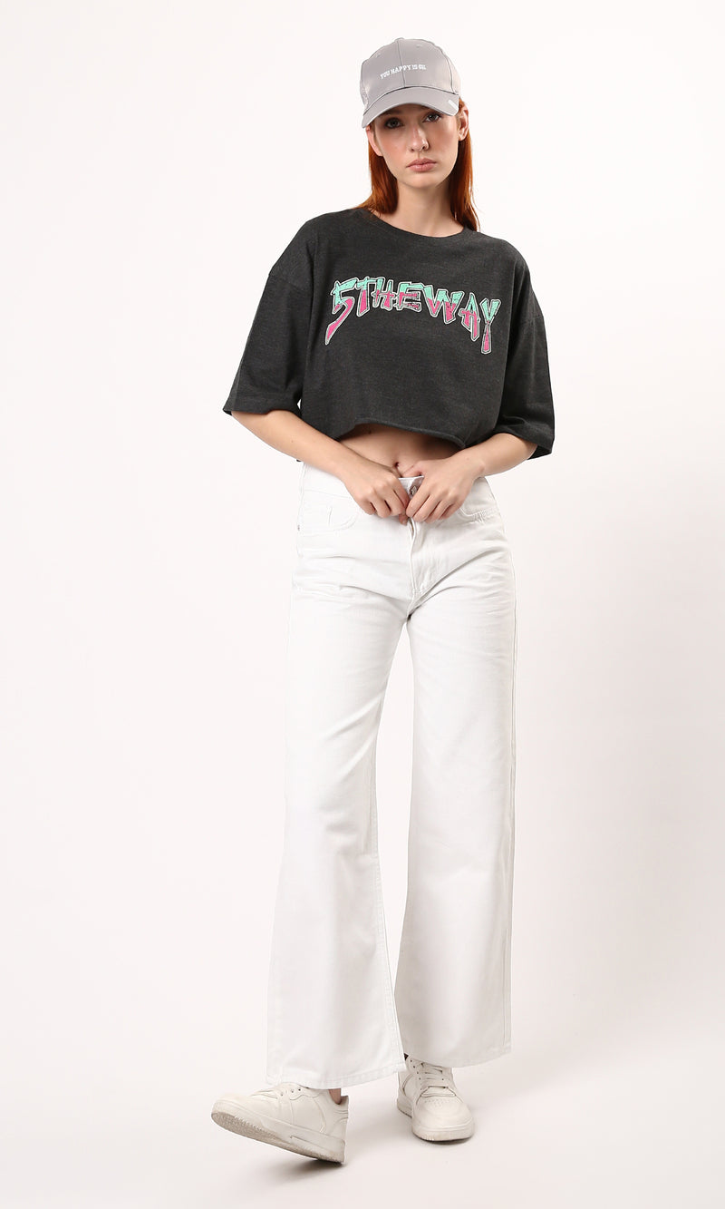 O183090 Cropped Heather Dark Grey Printed Summer Tee