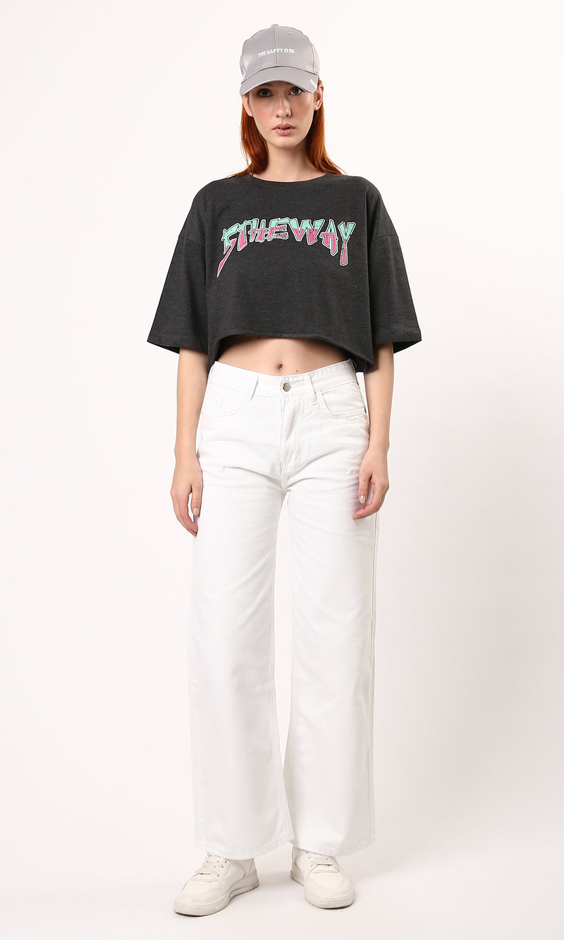 O183090 Cropped Heather Dark Grey Printed Summer Tee