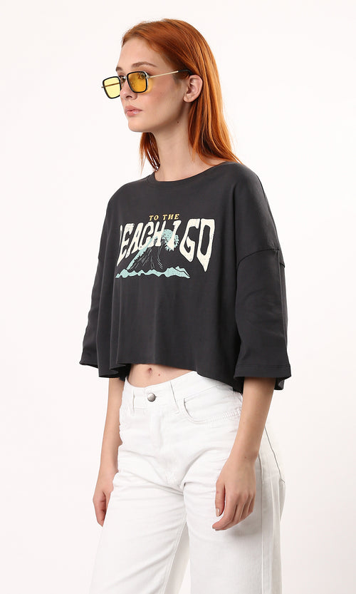 O183091 Printed "Beach I Go" Cotton Dark Grey Cropped Tee