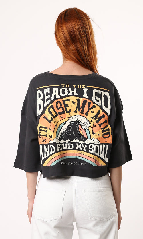 O183091 Printed "Beach I Go" Cotton Dark Grey Cropped Tee