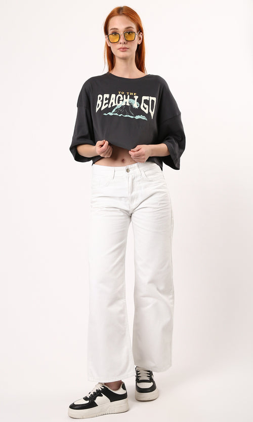 O183091 Printed "Beach I Go" Cotton Dark Grey Cropped Tee